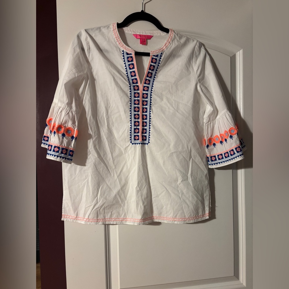 Lilly Pulitzer White Blouse with Blue and Orange Details
